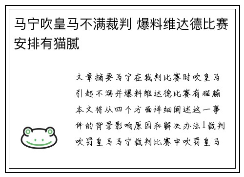 马宁吹皇马不满裁判 爆料维达德比赛安排有猫腻